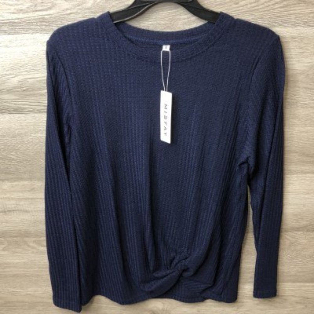 Misfay Womens Medium Blue Waffle Knit Twist Top